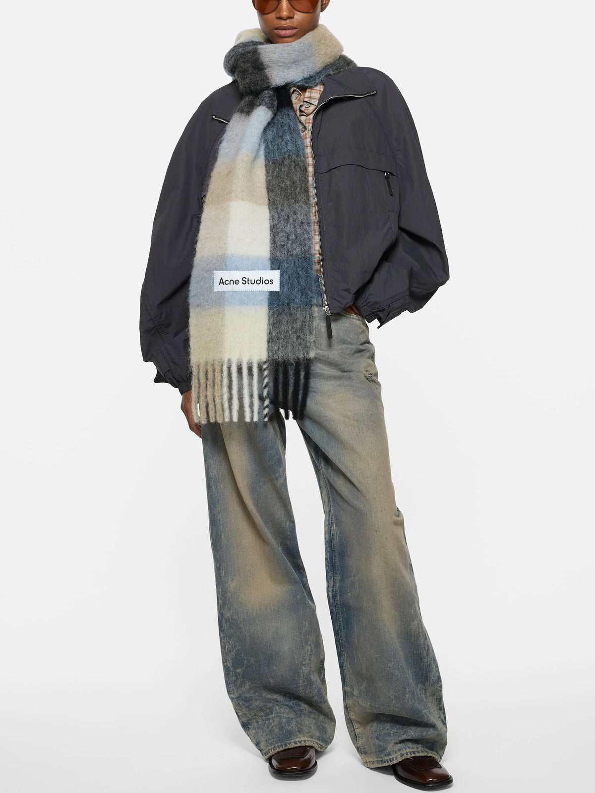 Acne Studios – Karierter Mohair-Schal mit Logo Beige/Blau/Schwarz - Beige/Blue/Black