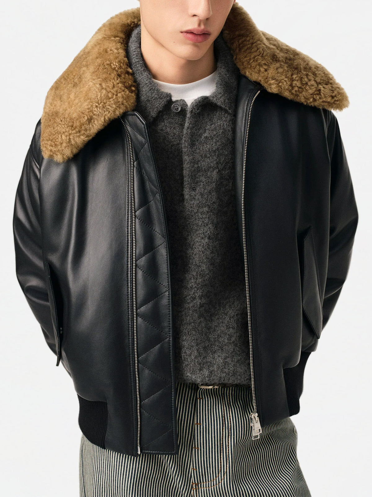 Ami paris Lederjacke mit Shearling-Kragen für Herren Schwarz