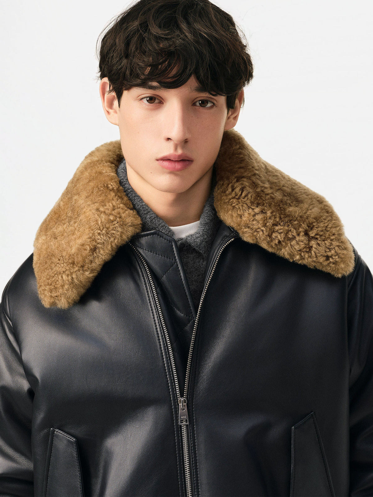 Ami paris Lederjacke mit Shearling-Kragen für Herren Schwarz