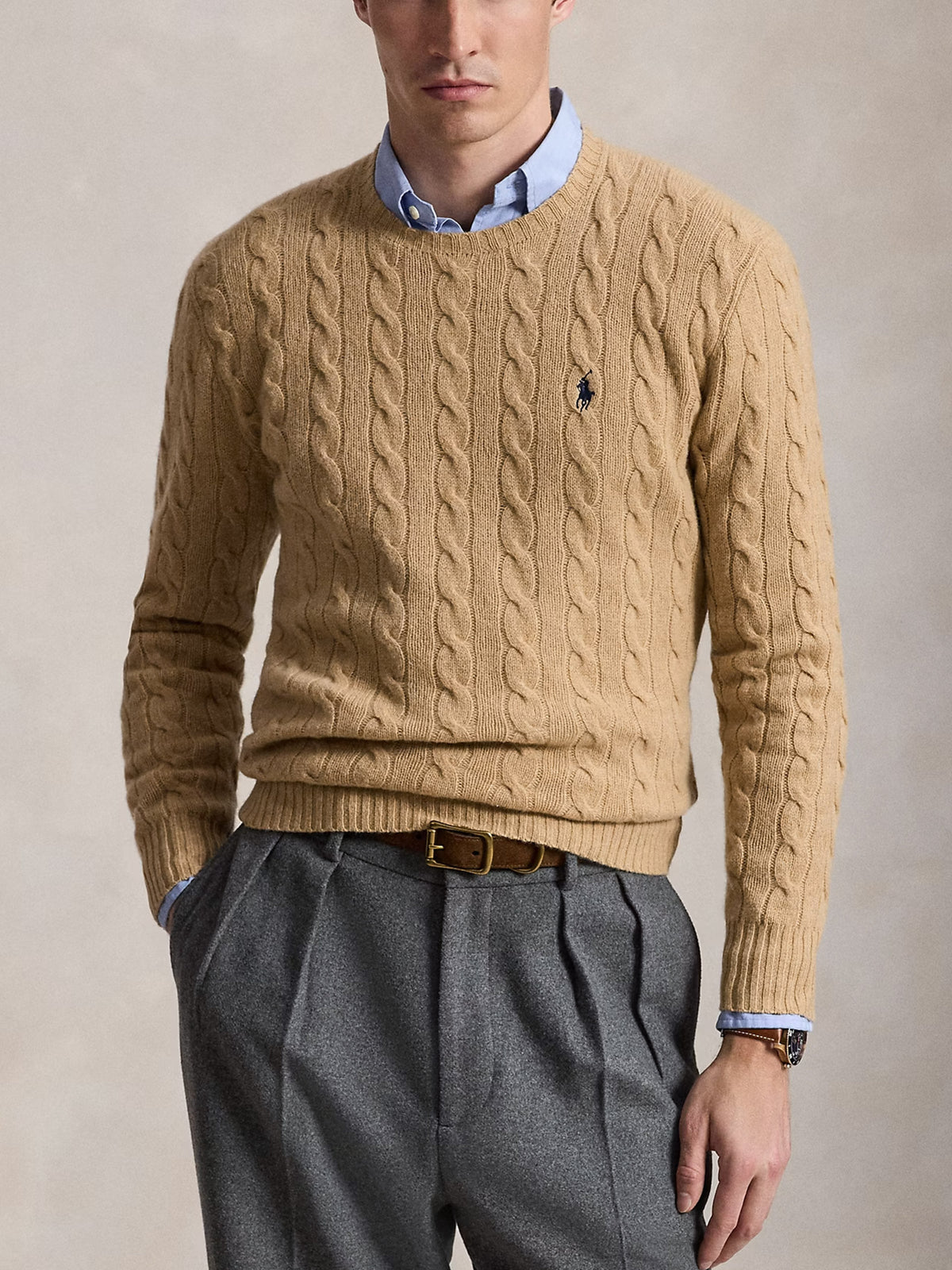 Polo ralph lauren Woll-Kaschmir-Pullover mit Zopfmuster Camel Beige