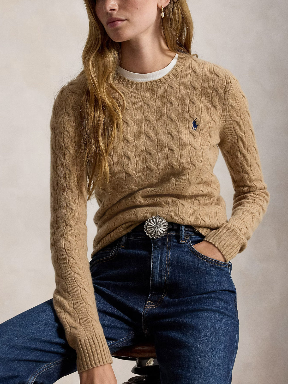 Polo ralph lauren Woll-Kaschmir-Pullover mit Zopfmuster Camel Beige