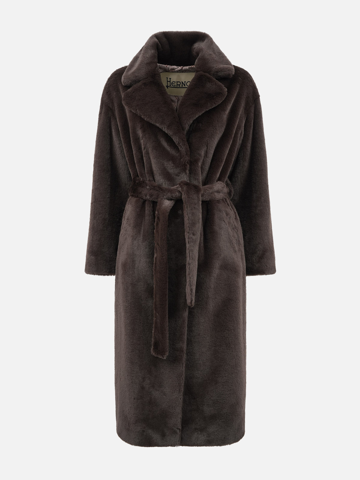 Herno – Langer Mantel aus Kunstpelz mit Gürtel für Damen Dunkelbraun - Dark Brown