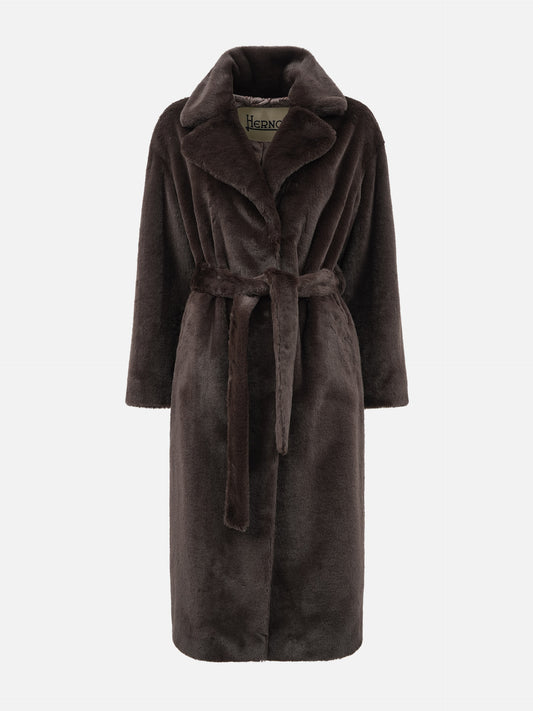 Herno – Langer Mantel aus Kunstpelz mit Gürtel für Damen Dunkelbraun - Dark Brown