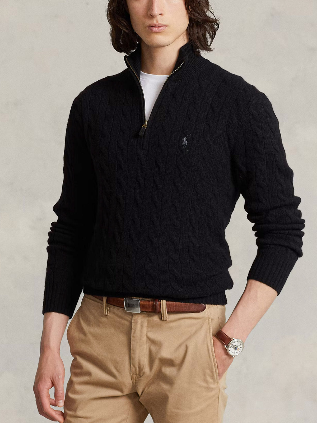 Polo Ralph Lauren – Quarter-Zip-Pullover mit Zopfmuster für Herren Schwarz - Black