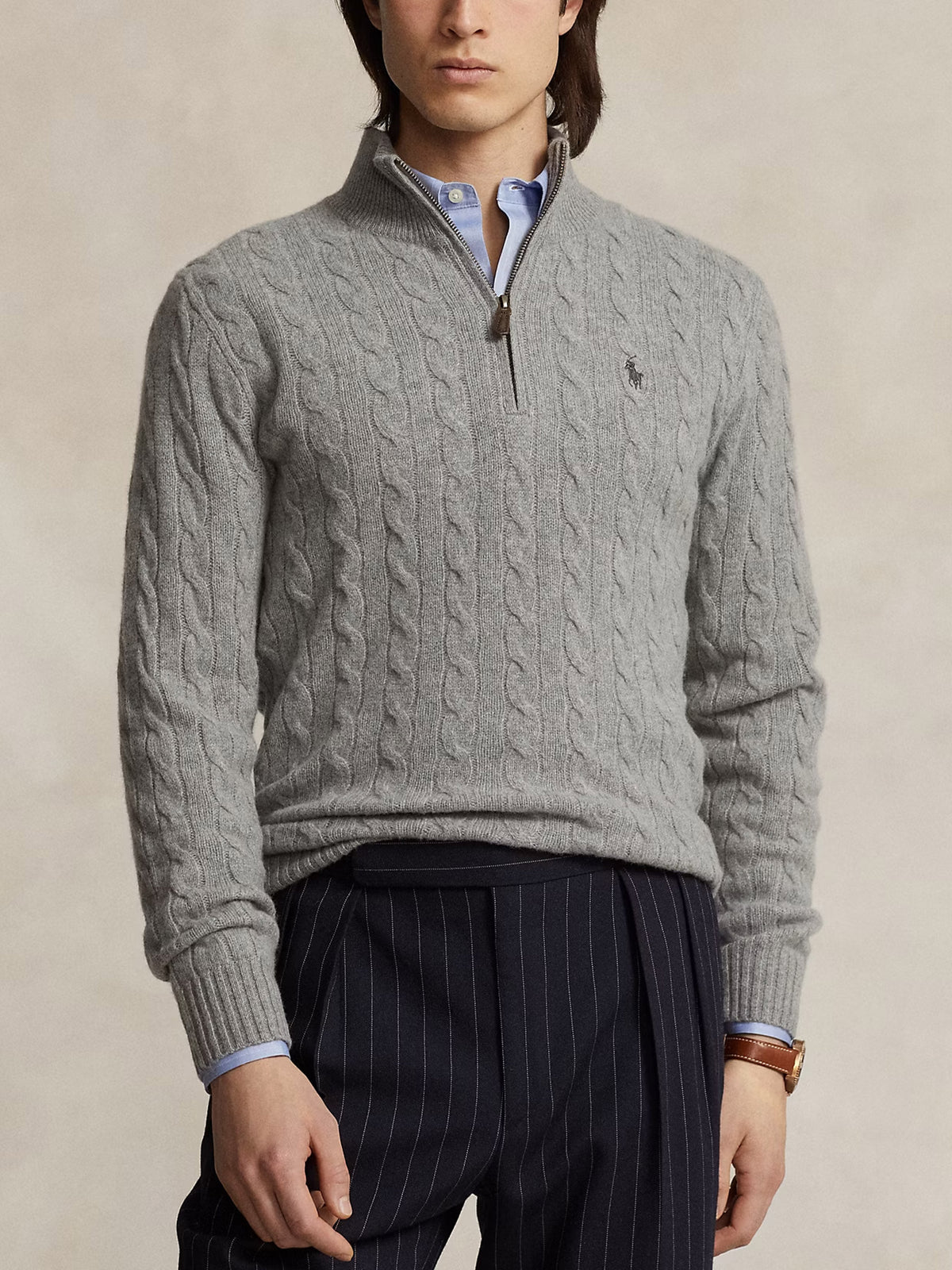 Polo Ralph Lauren – Quarter-Zip-Pullover mit Zopfmuster für Herren Grau Heather - Grey Heather