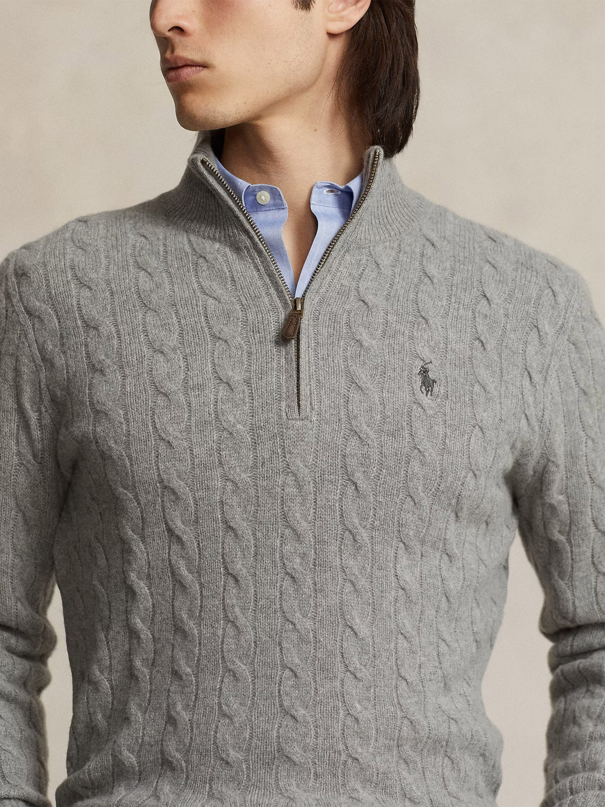 Polo Ralph Lauren – Quarter-Zip-Pullover mit Zopfmuster für Herren Grau Heather - Grey Heather