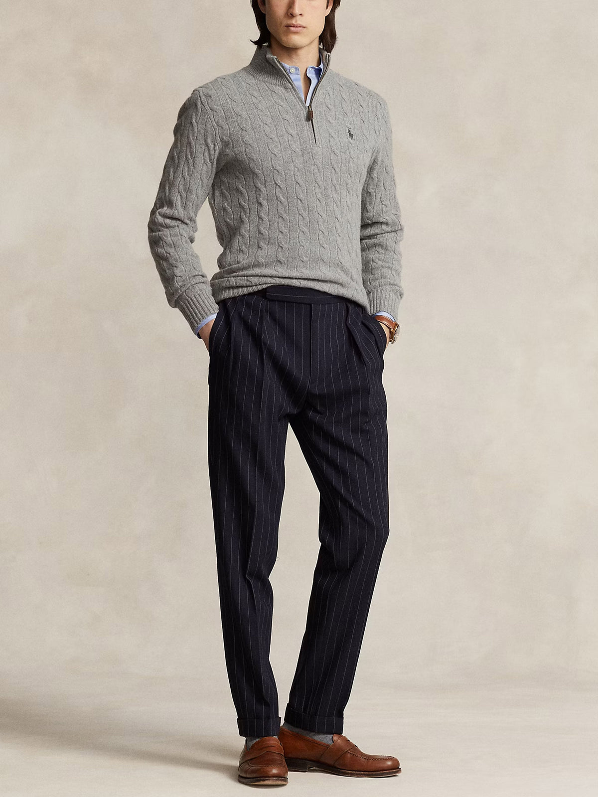 Polo Ralph Lauren – Quarter-Zip-Pullover mit Zopfmuster für Herren Grau Heather - Grey Heather