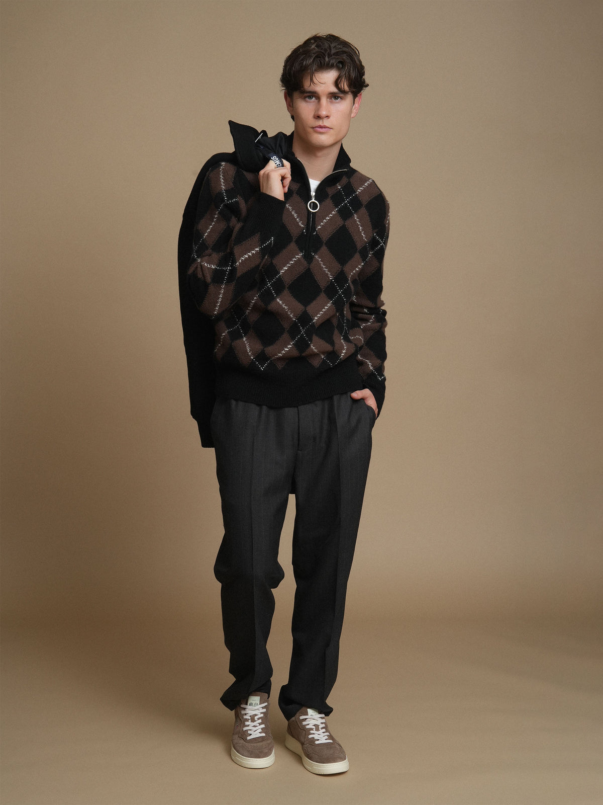 Ami paris Argyle-Pullover mit Half-Zip für Herren Braun/Schwarz